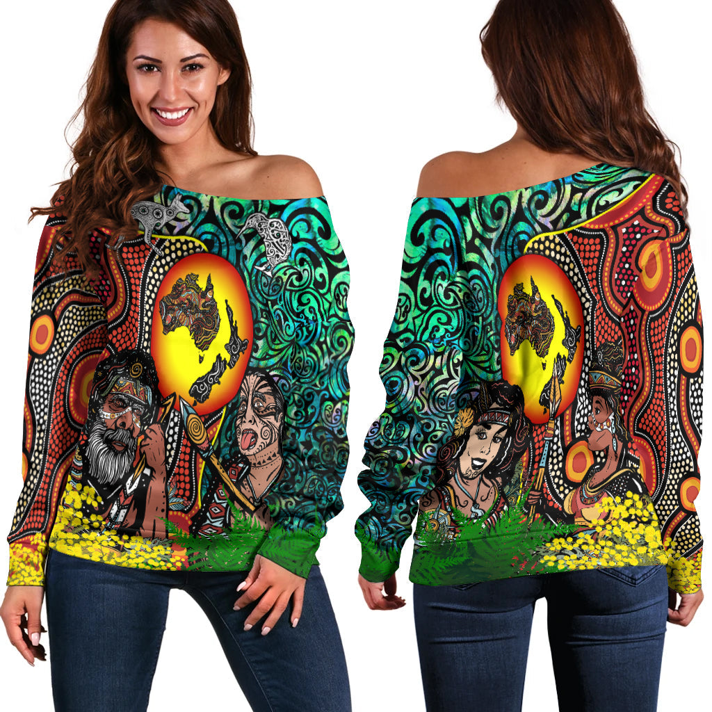 Australia Aboriginal Kangaroo Combine New Zealand Maori Kiwi Bird Women Off Shoulder Sweater LT2 - Wonder Print Shop