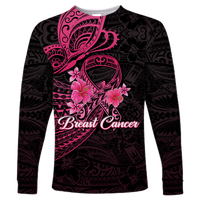 Custom Personalised Breast Cancer Pink Ribbon Butterfly Polynesian Black Version Long Sleeve Shirt LT12 - Wonder Print Shop