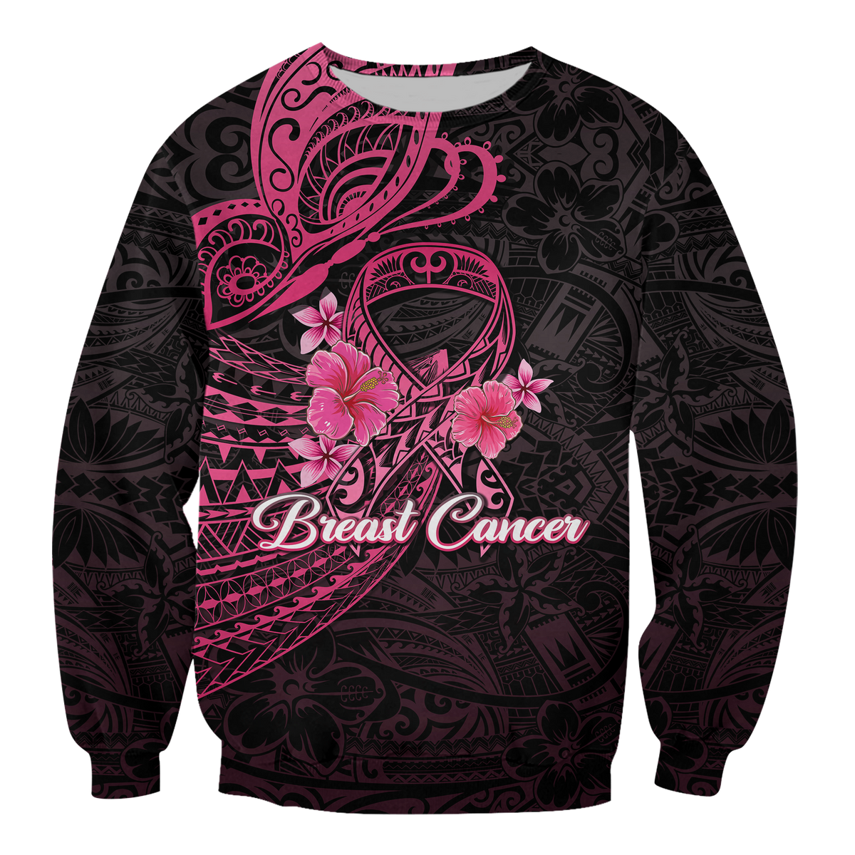 Breast Cancer Pink Ribbon Butterfly Polynesian Black Version Sweatshirt LT12 - Wonder Print Shop