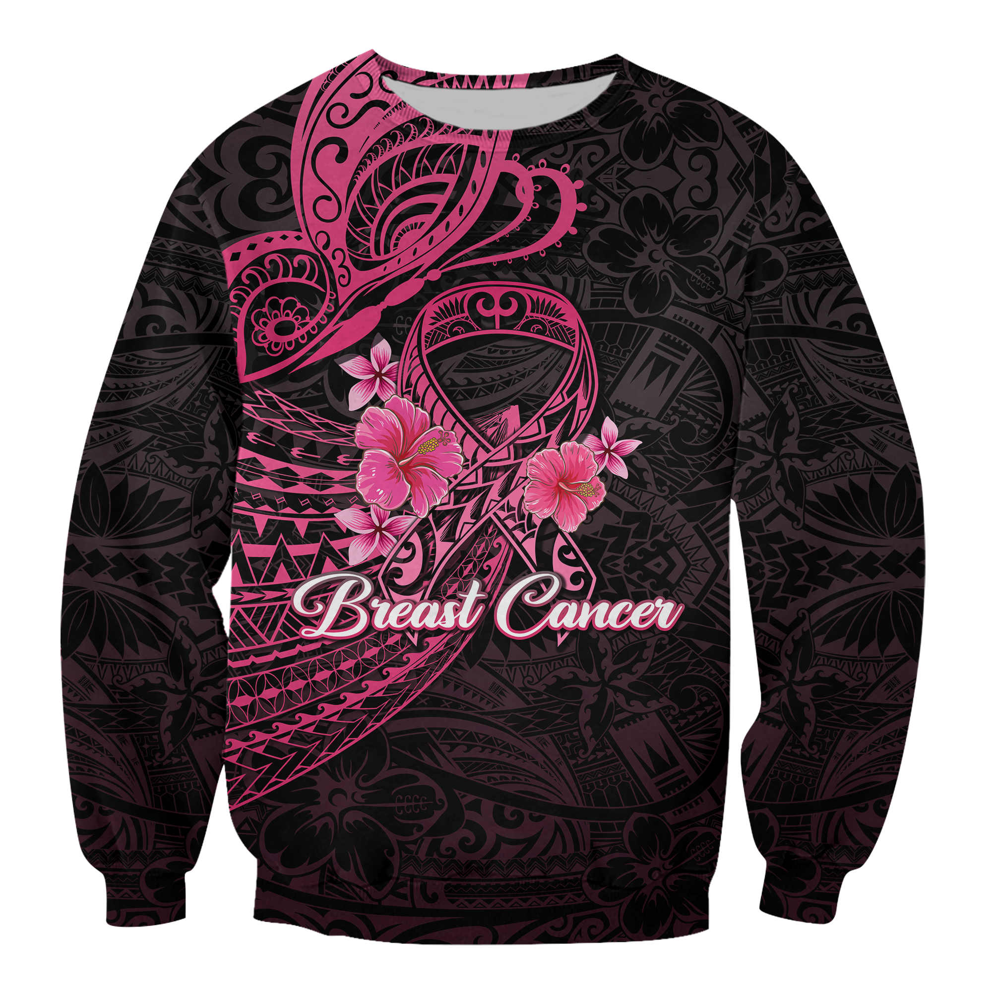 Breast Cancer Pink Ribbon Butterfly Polynesian Black Version Sweatshirt LT12 - Wonder Print Shop