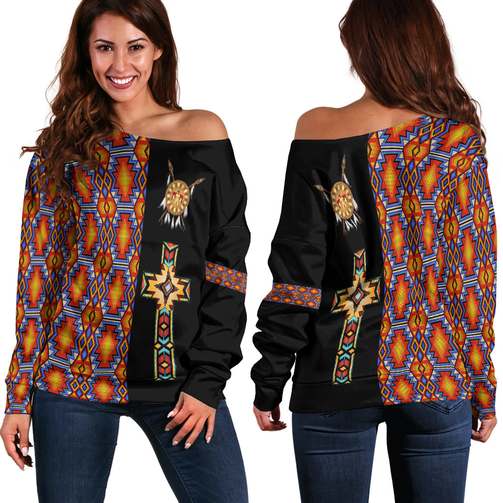 Native American Navajo Cross Heritage Women Off Shoulder Sweater LT12 - Wonder Print Shop