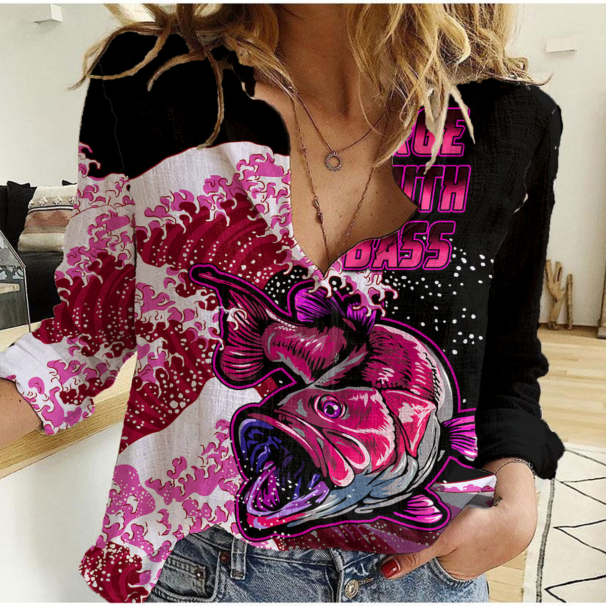 (Custom Personalised) Bass Fishing Pink Women Casual Shirt - Wonder Print Shop