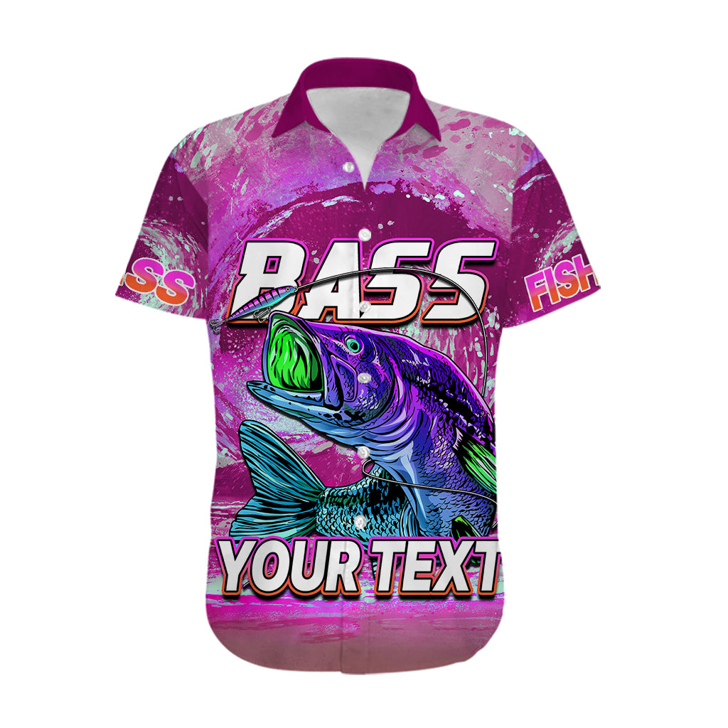 Pink Hawaiian shirt with bass fishing graphic and 'YOUR TEXT', short sleeves
