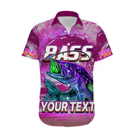 Pink Hawaiian shirt with bass fishing graphic and 'YOUR TEXT', short sleeves
