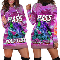 Pink hoodie dress with hood, white drawstrings, bass graphic and bold 'PASS' print