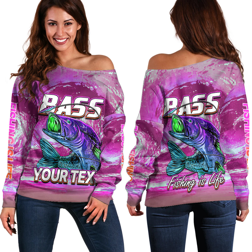 (Custom Personalised) Bass Fishing is Life Hook Sport Largemouth Pink Off Shoulder Sweater - Wonder Print Shop