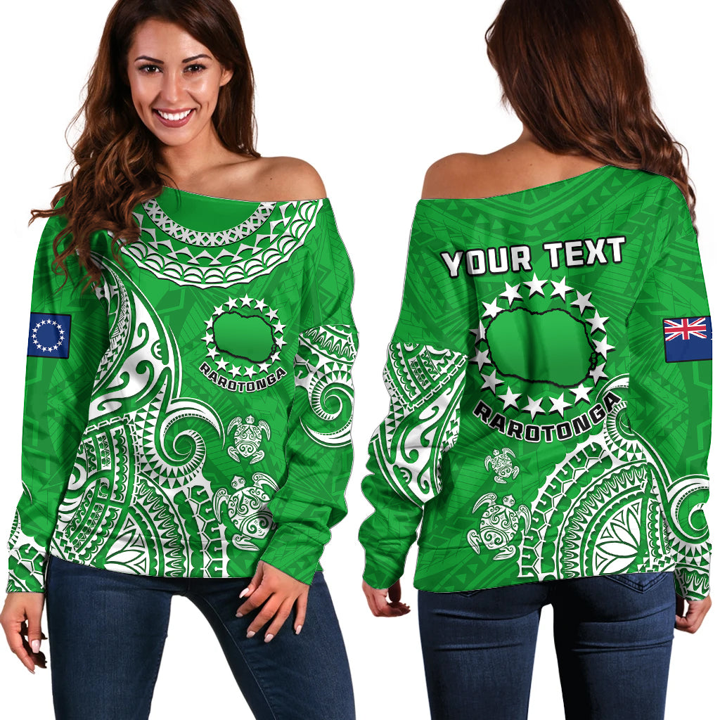 (Custom Personalised) Rarotonga Cook Islands Polynesian Turtle Art Off Shoulder Sweater - Wonder Print Shop