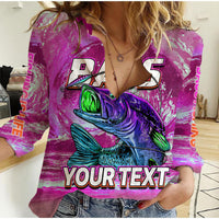 Pink women casual long-sleeve shirt with large bass graphic and bold text print