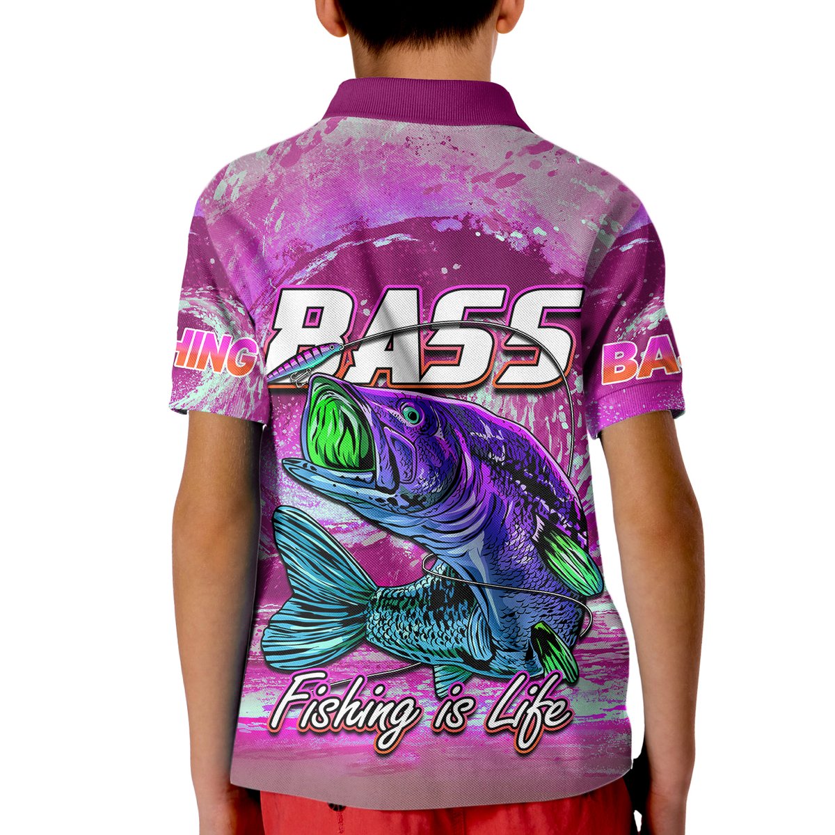 Kids pink polo shirt with fish graphic, 455 and "Fishing is Life" text, back