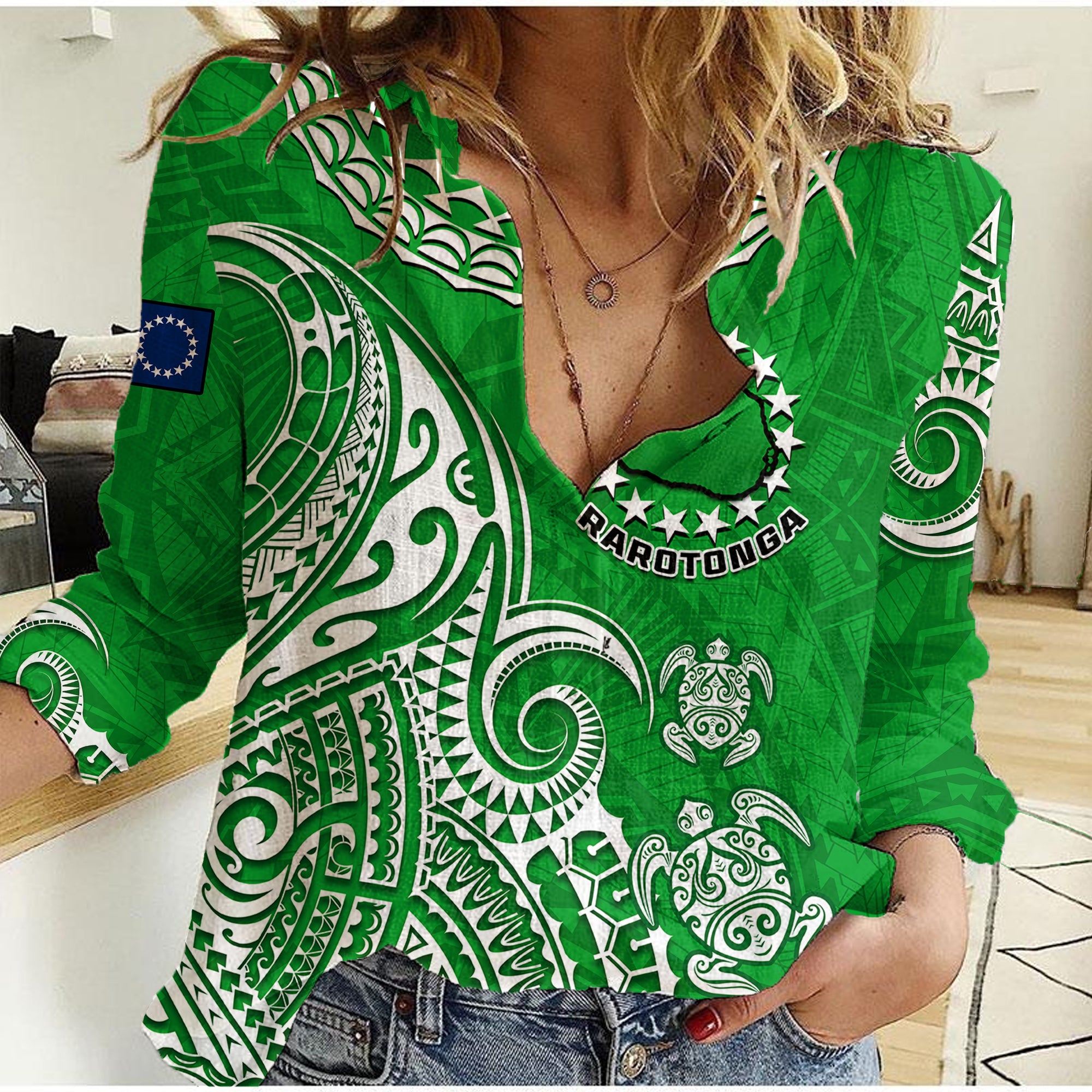 (Custom Personalised) Rarotonga Cook Islands Polynesian Turtle Art Women Casual Shirt - Wonder Print Shop
