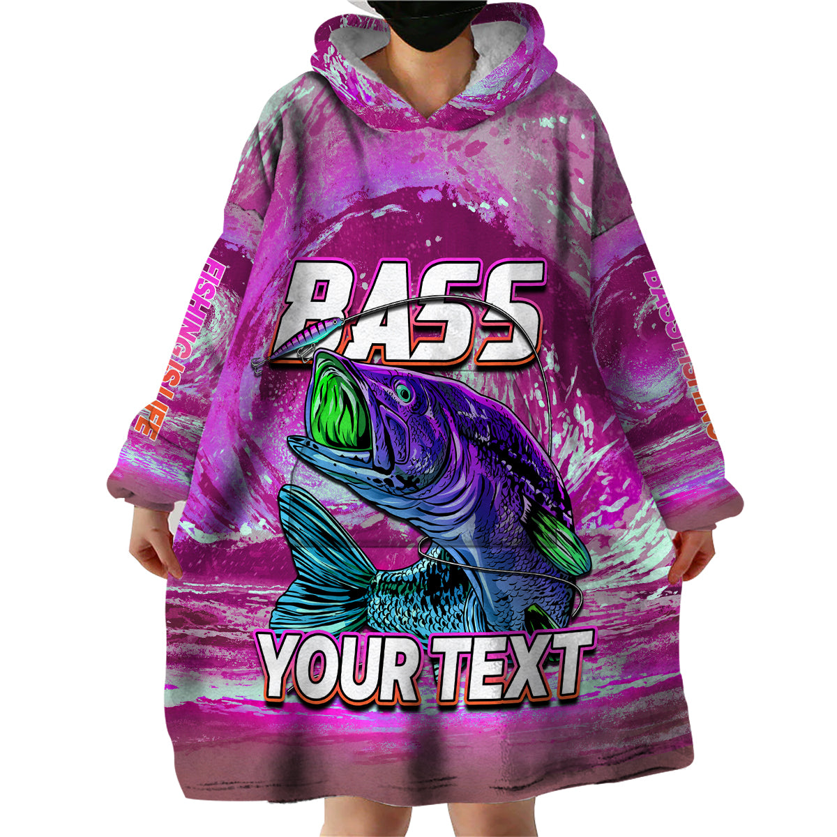 Pink bass fishing wearable blanket hoodie, hooded front view with large fish graphic