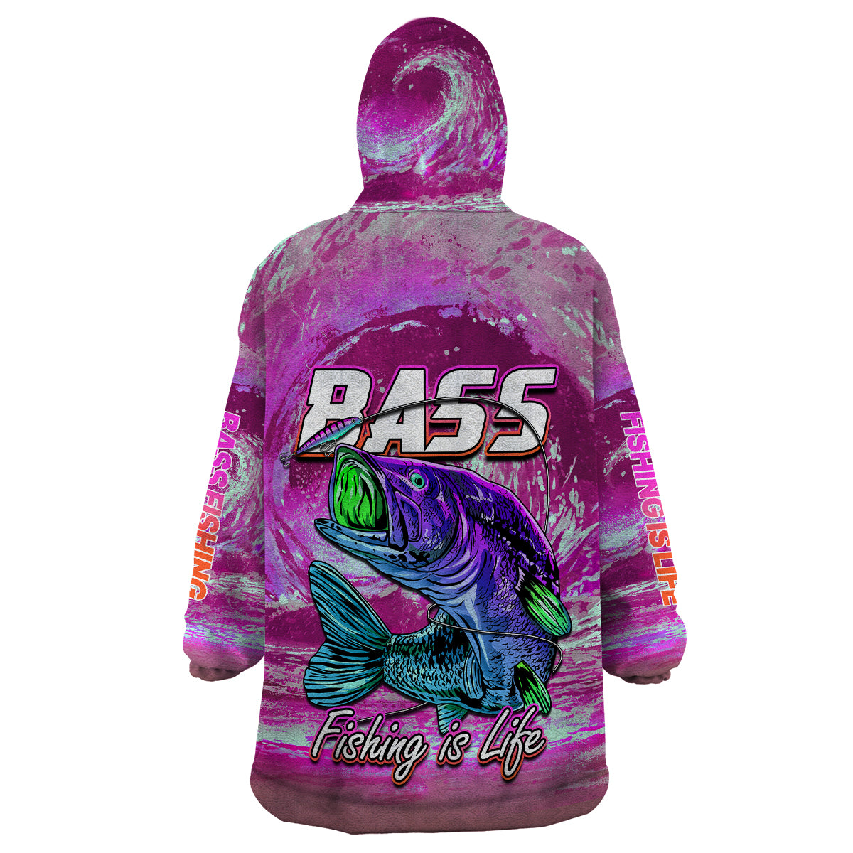 Pink bass fishing wearable blanket hoodie, back view with fish graphic and “FISHING IS LIFE”