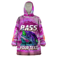 Pink bass fishing wearable blanket hoodie, front fish graphic and “YOUR TEXT”