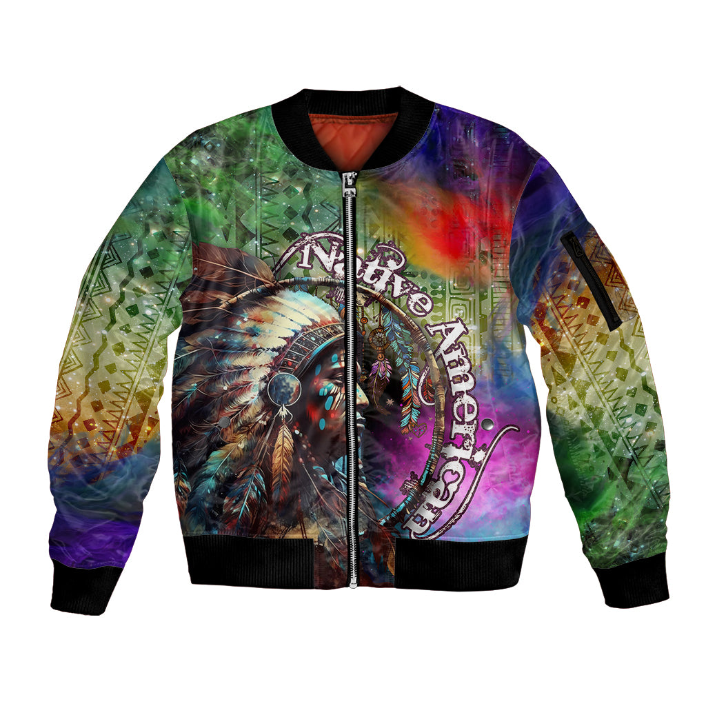Native American Indian Chief Man Headdress Sleeve Zip Bomber Jacket - Wonder Print Shop