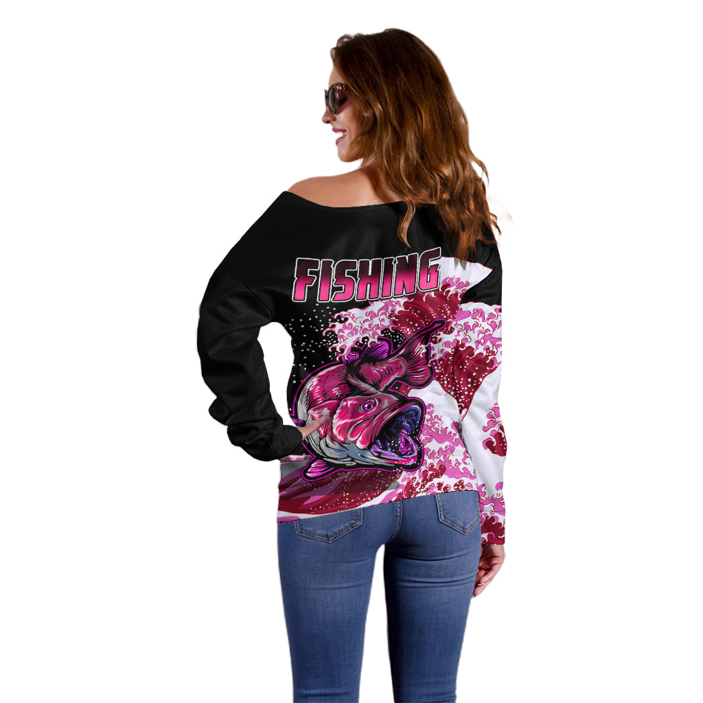 Largemouth Bass Fishing Pink Off Shoulder Sweater - Wonder Print Shop
