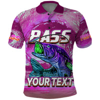Pink polo shirt with maroon collar, button placket, large bass fishing graphic and text
