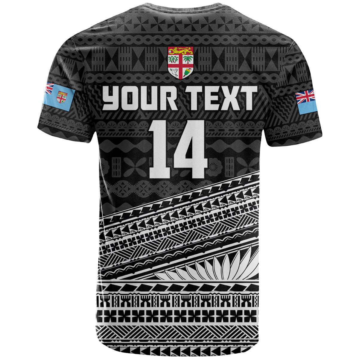 Black rugby tapa print T-shirt back with YOUR TEXT 14 and crest, short sleeves