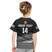 (Custom Text And Number) Fiji Sevens Rugby Fijian 7s Black Tapa Polynesian Art Kid T Shirt - Wonder Print Shop