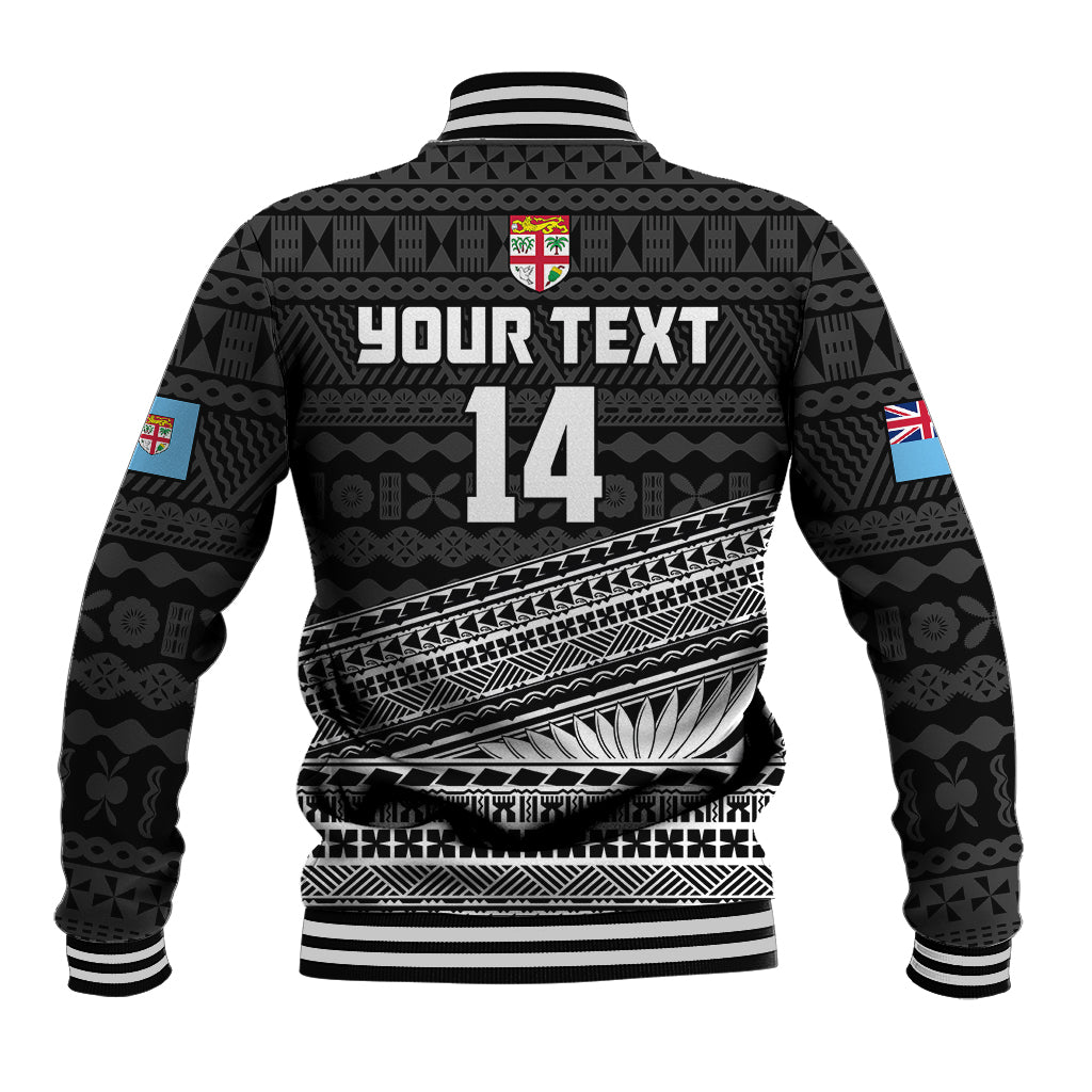 (Custom Text And Number) Fiji Sevens Rugby Fijian 7s Black Tapa Polynesian Art Baseball Jacket - Wonder Print Shop