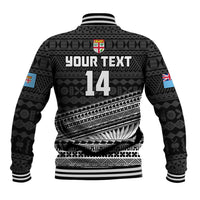 (Custom Text And Number) Fiji Sevens Rugby Fijian 7s Black Tapa Polynesian Art Baseball Jacket - Wonder Print Shop