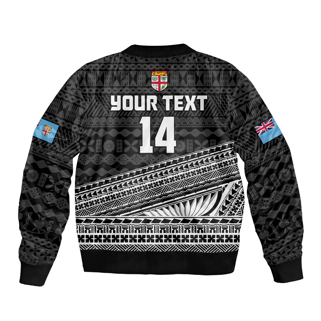 (Custom Text And Number) Fiji Sevens Rugby Fijian 7s Black Tapa Polynesian Art Sleeve Zip Bomber Jacket - Wonder Print Shop