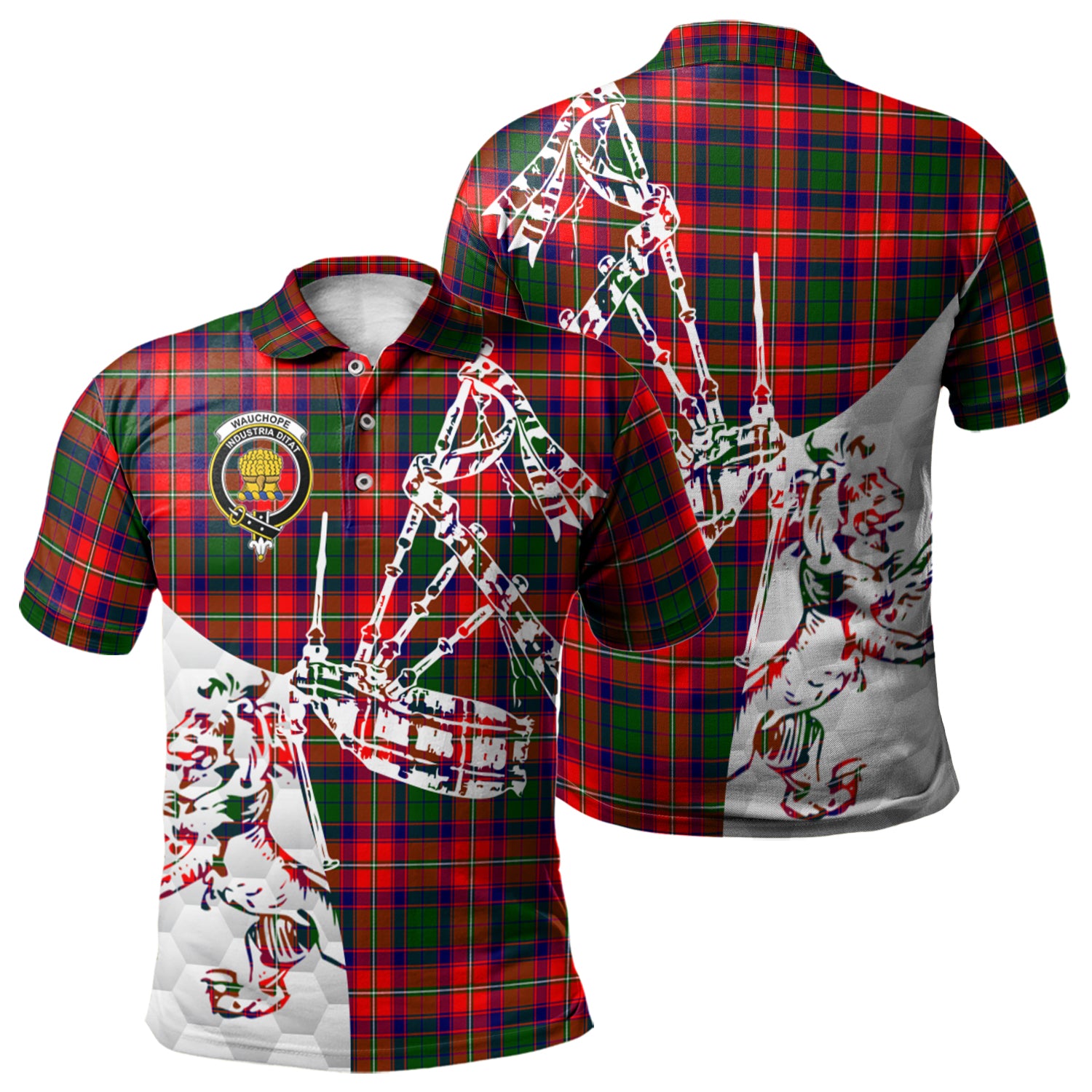 scottish-wauchope-clan-crest-tartan-polo-shirt-lion-and-bagpipes-style