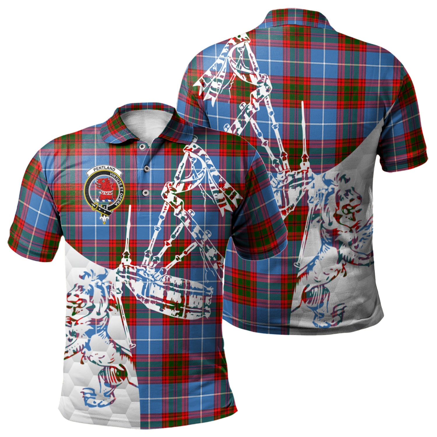 scottish-pentland-clan-crest-tartan-polo-shirt-lion-and-bagpipes-style