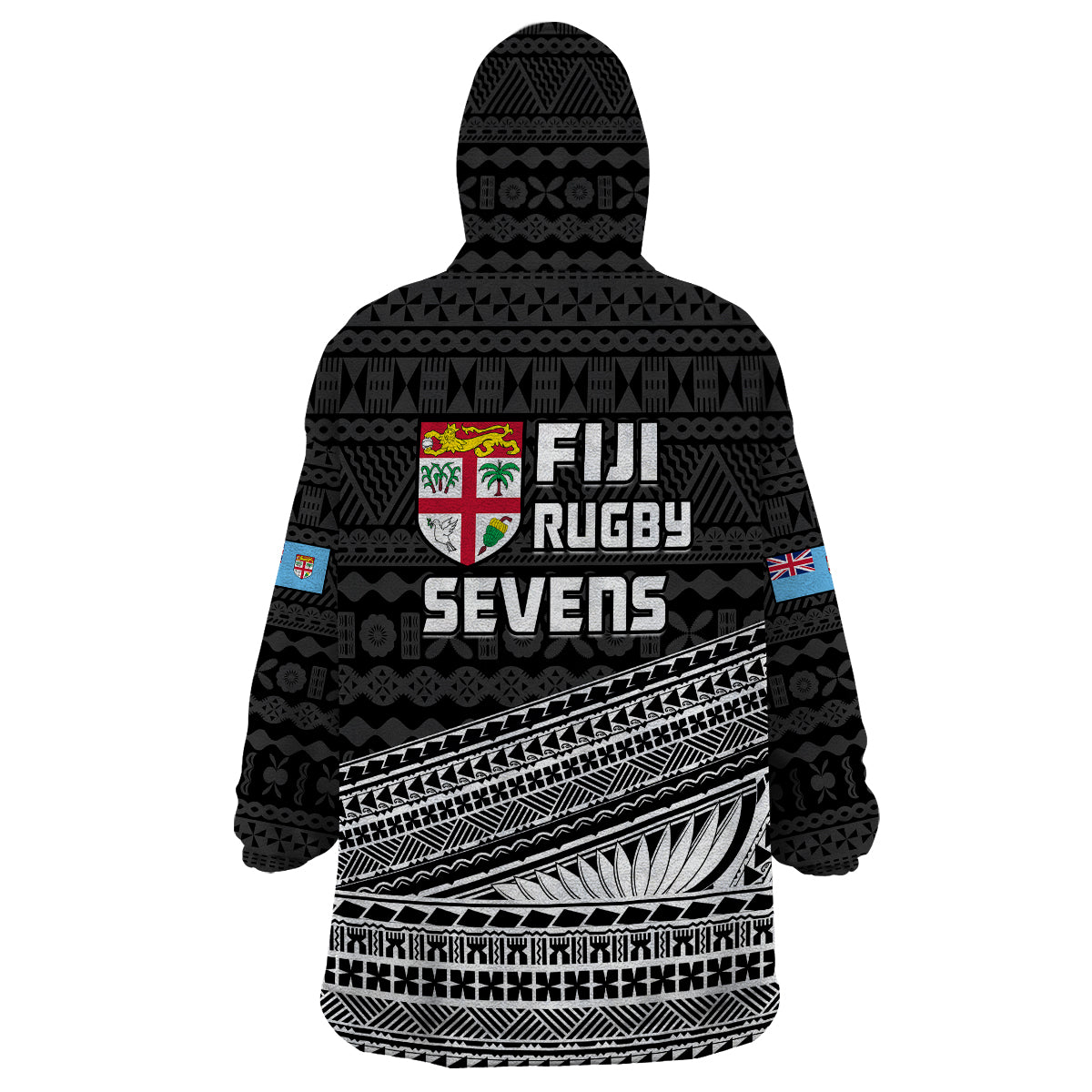 Unisex black hoodie blanket, back design with Fiji Rugby Sevens text and tapa stripes