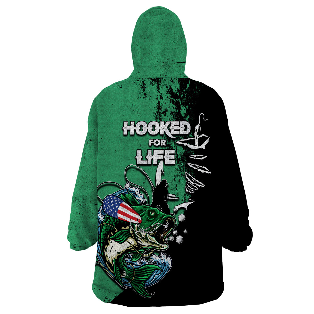Wearable blanket hoodie with green hood and back fish graphic with hooked text