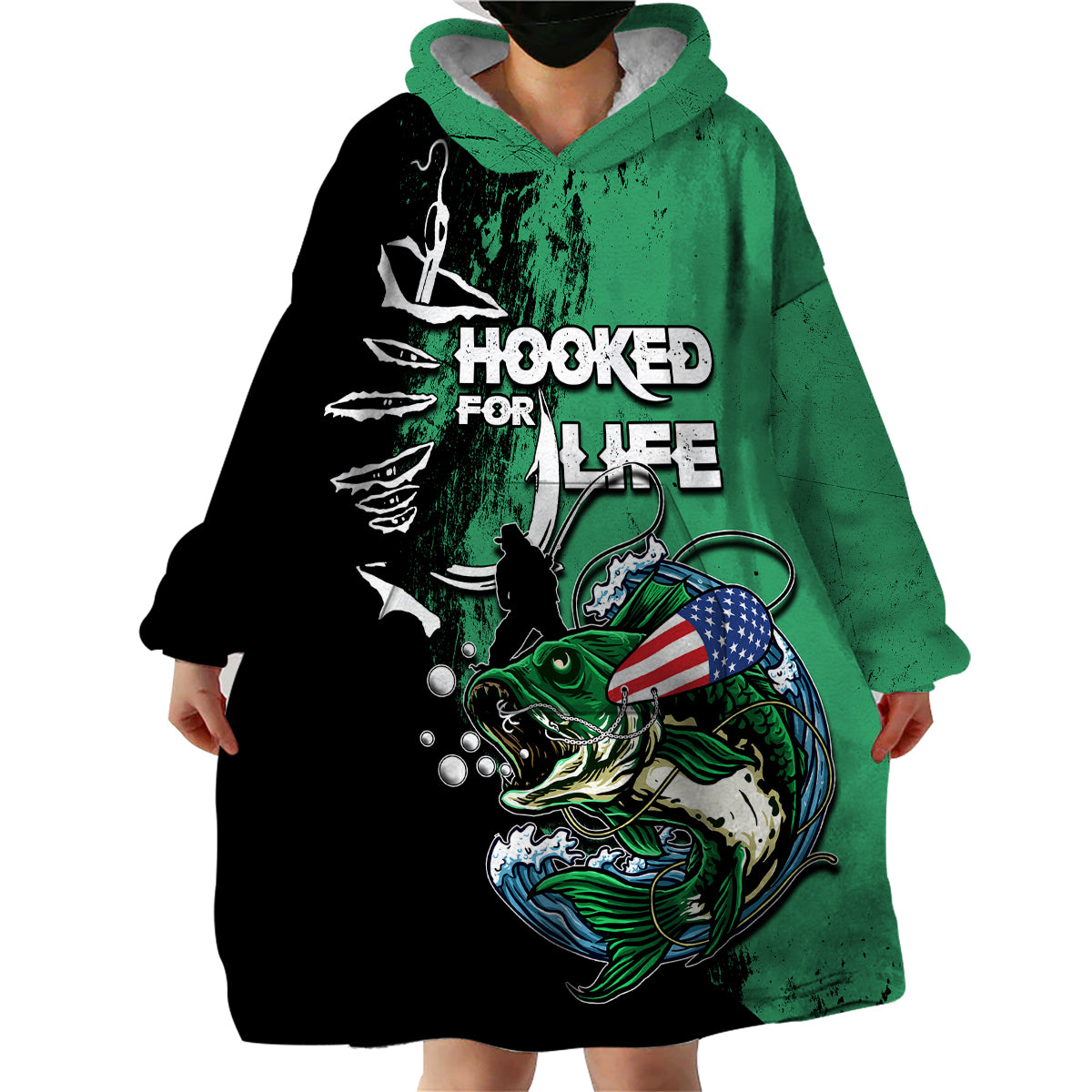 Wearable blanket hoodie worn, green-and-black hood and large front fish graphic