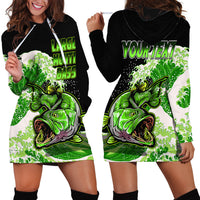 Black hoodie dress with green bass and waves graphic, kangaroo pocket, hood drawstrings
