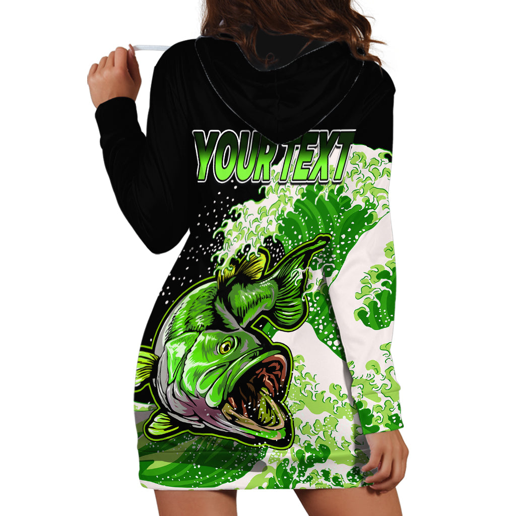 Black hoodie dress with large green bass wave graphic and text, hood and long sleeves