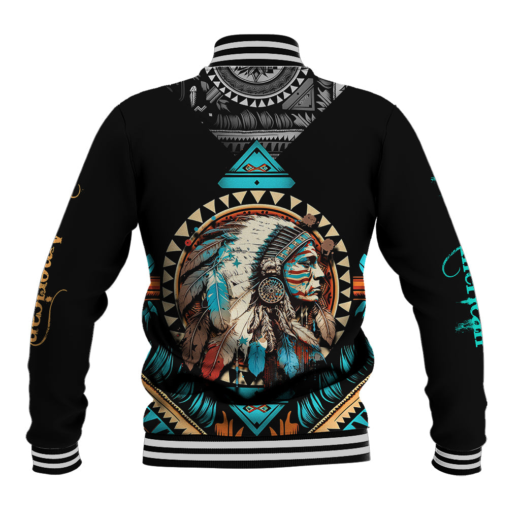 Native American Indian Girl Chief Colorful Feathered Painting Baseball Jacket - Wonder Print Shop