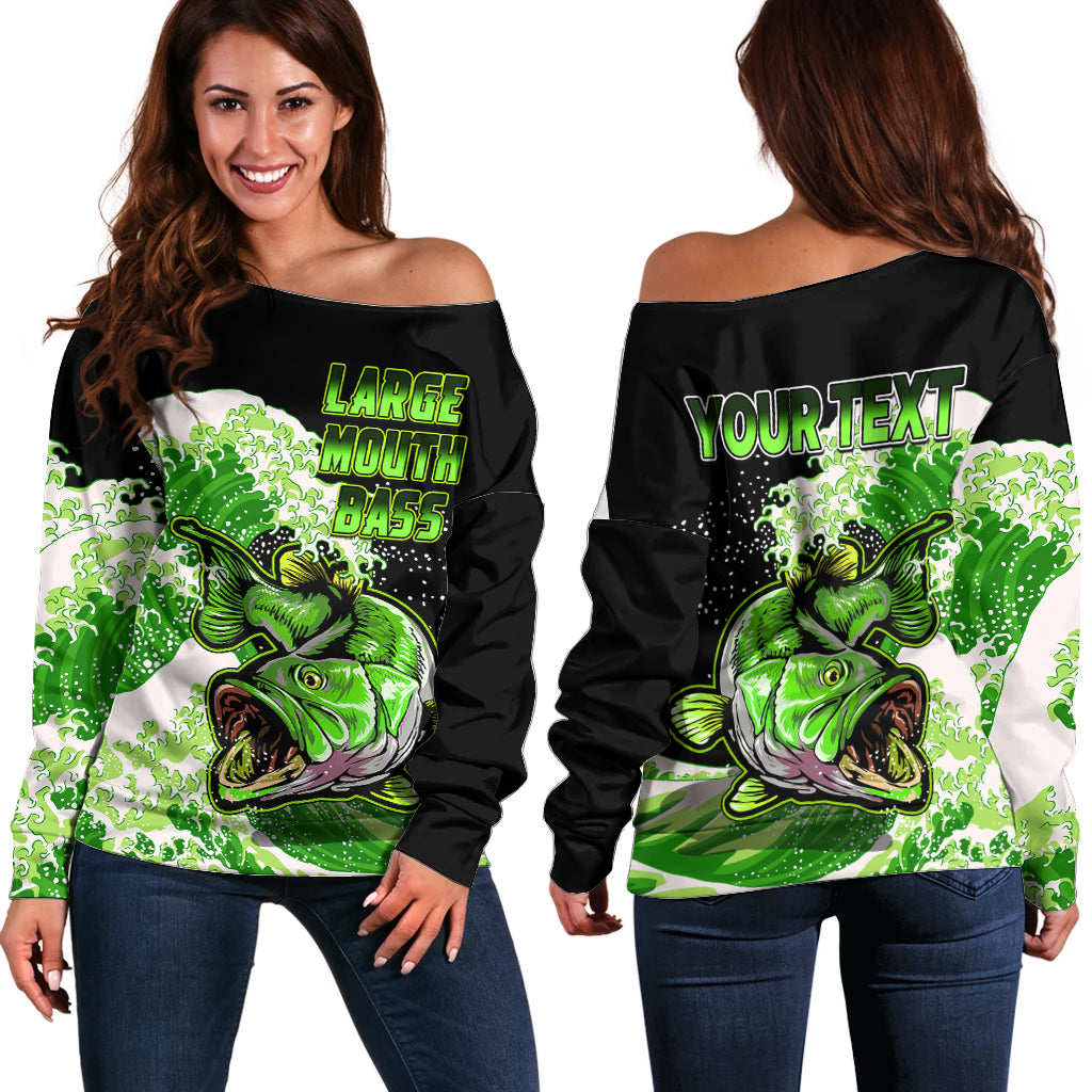 (Custom Personalised) Bass Fishing Green Off Shoulder Sweater - Wonder Print Shop