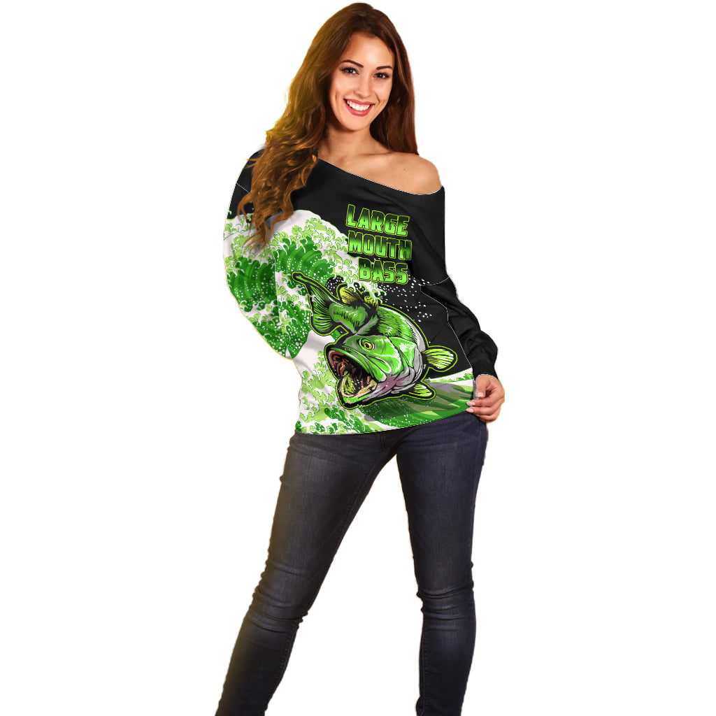 (Custom Personalised) Bass Fishing Green Off Shoulder Sweater - Wonder Print Shop