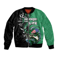 Moss green and black unisex bomber jacket with front zipper and ribbed cuffs, fish graphic