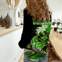 Women’s casual long-sleeve shirt with large green bass fish graphic on black back