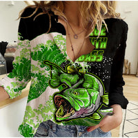 Women’s casual long-sleeve shirt with green bass fish graphic on black
