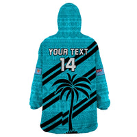 (Custom Text And Number) Fiji Rugby Tapa Pattern Fijian 7s Cyan Wearable Blanket Hoodie - Wonder Print Shop