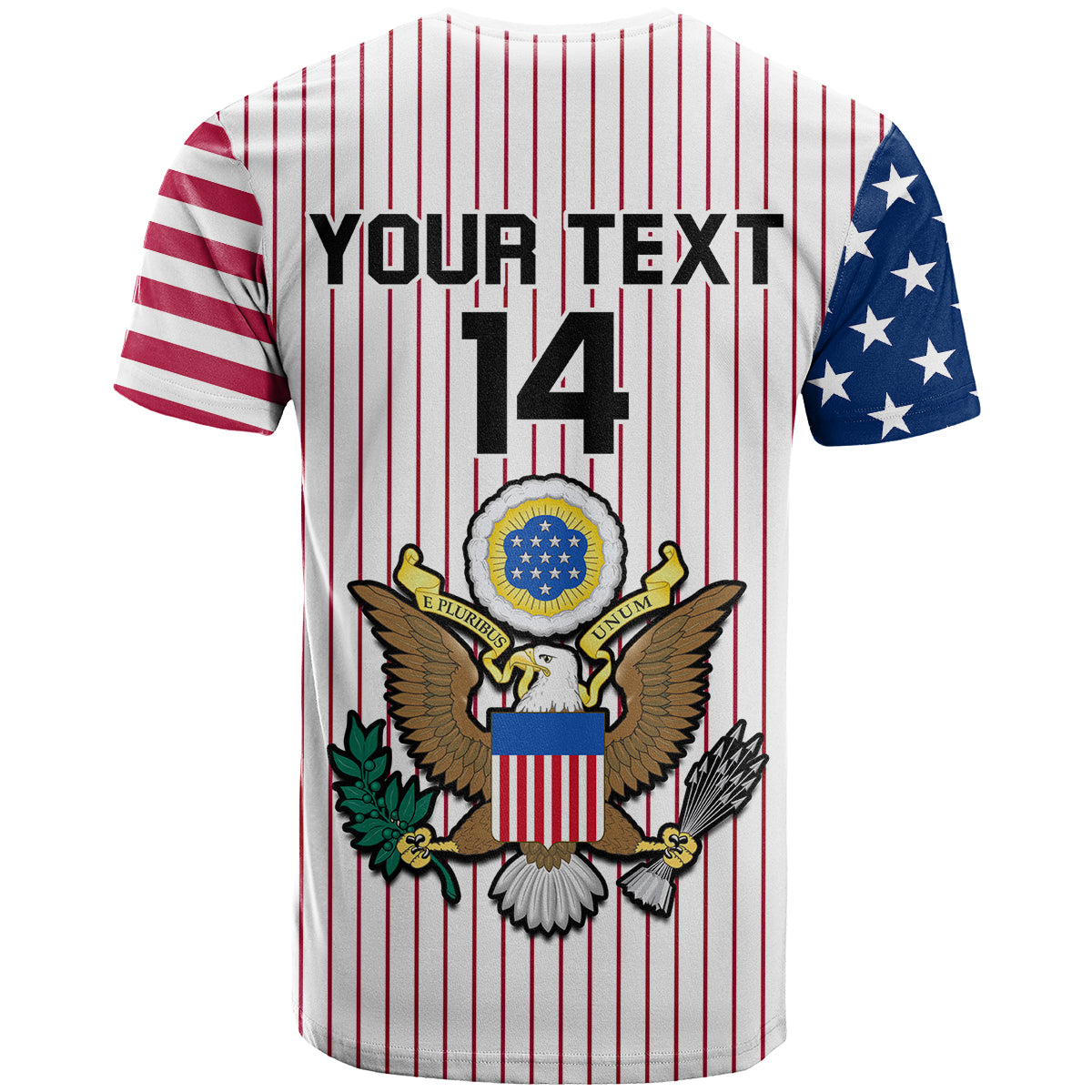 Baseball T-shirt back with YOUR TEXT 14 and USA eagle crest over red pinstripes