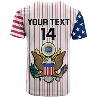 Baseball T-shirt back with YOUR TEXT 14 and USA eagle crest over red pinstripes