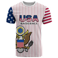 Baseball T-shirt, white with red pinstripes and colorful USA eagle crest front