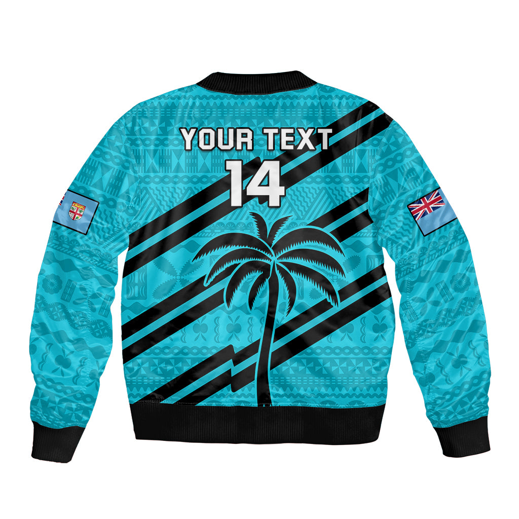 (Custom Text And Number) Fiji Rugby Tapa Pattern Fijian 7s Cyan Sleeve Zip Bomber Jacket - Wonder Print Shop
