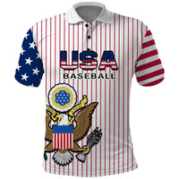 Red and white striped baseball polo shirt with US eagle crest graphic