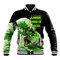 Unisex bass-themed baseball jacket, black with green graphic and striped ribbed collar