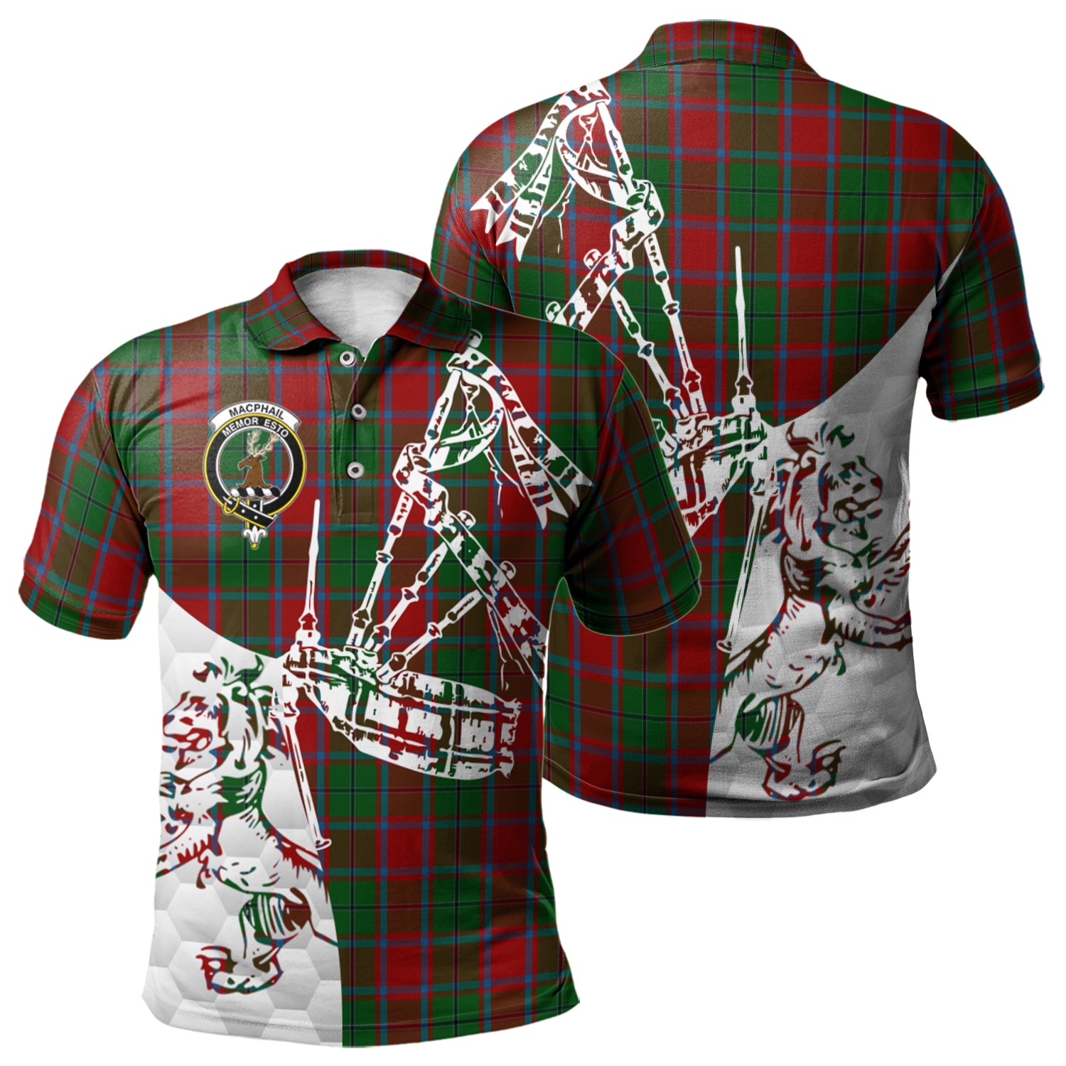 scottish-macphail-blue-bands-clan-crest-tartan-polo-shirt-lion-and-bagpipes-style