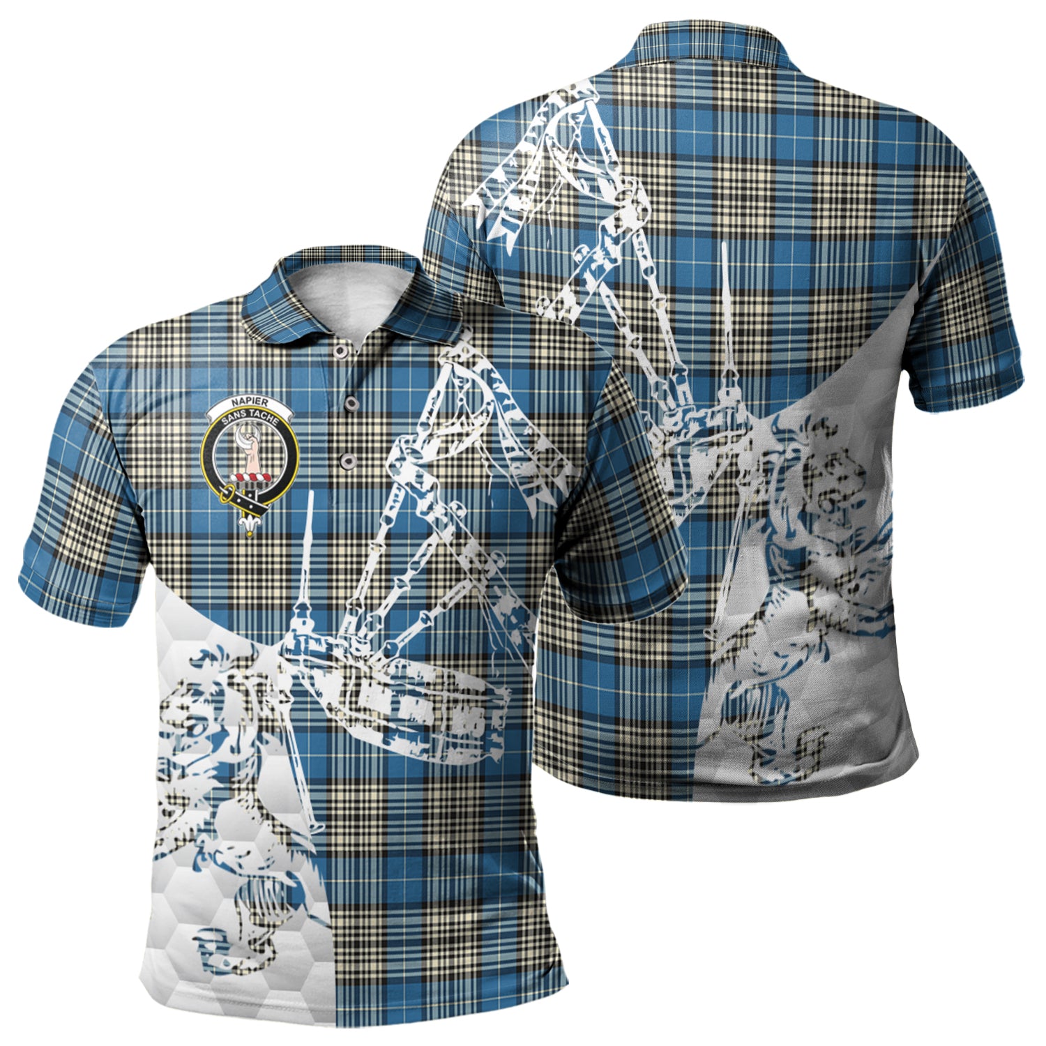 scottish-napier-ancient-clan-crest-tartan-polo-shirt-lion-and-bagpipes-style