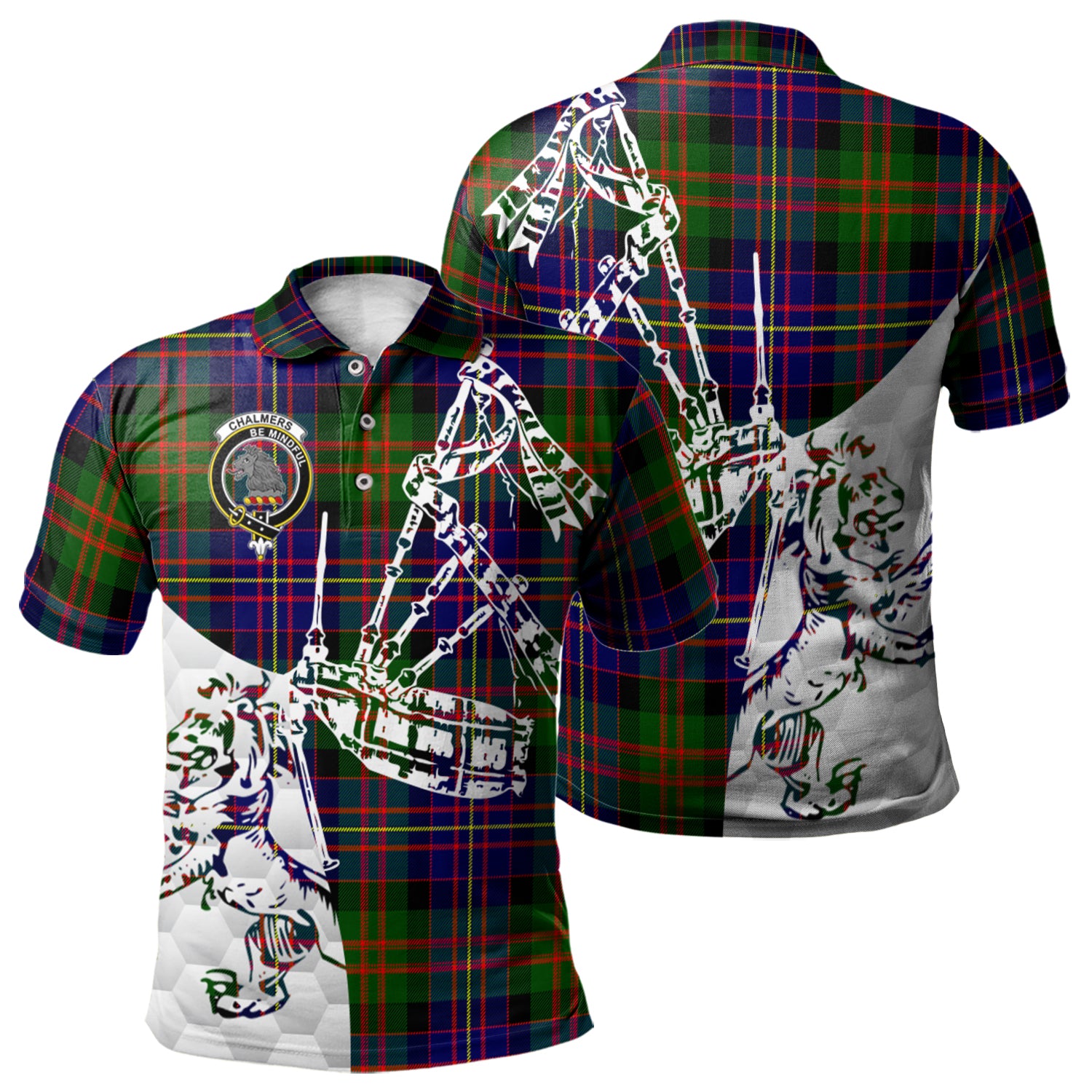 scottish-chalmers-modern-clan-crest-tartan-polo-shirt-lion-and-bagpipes-style