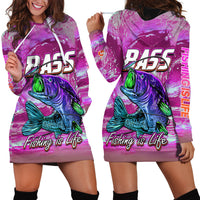 Pink hoodie dress with bass fish graphic, pullover hood and front kangaroo pocket