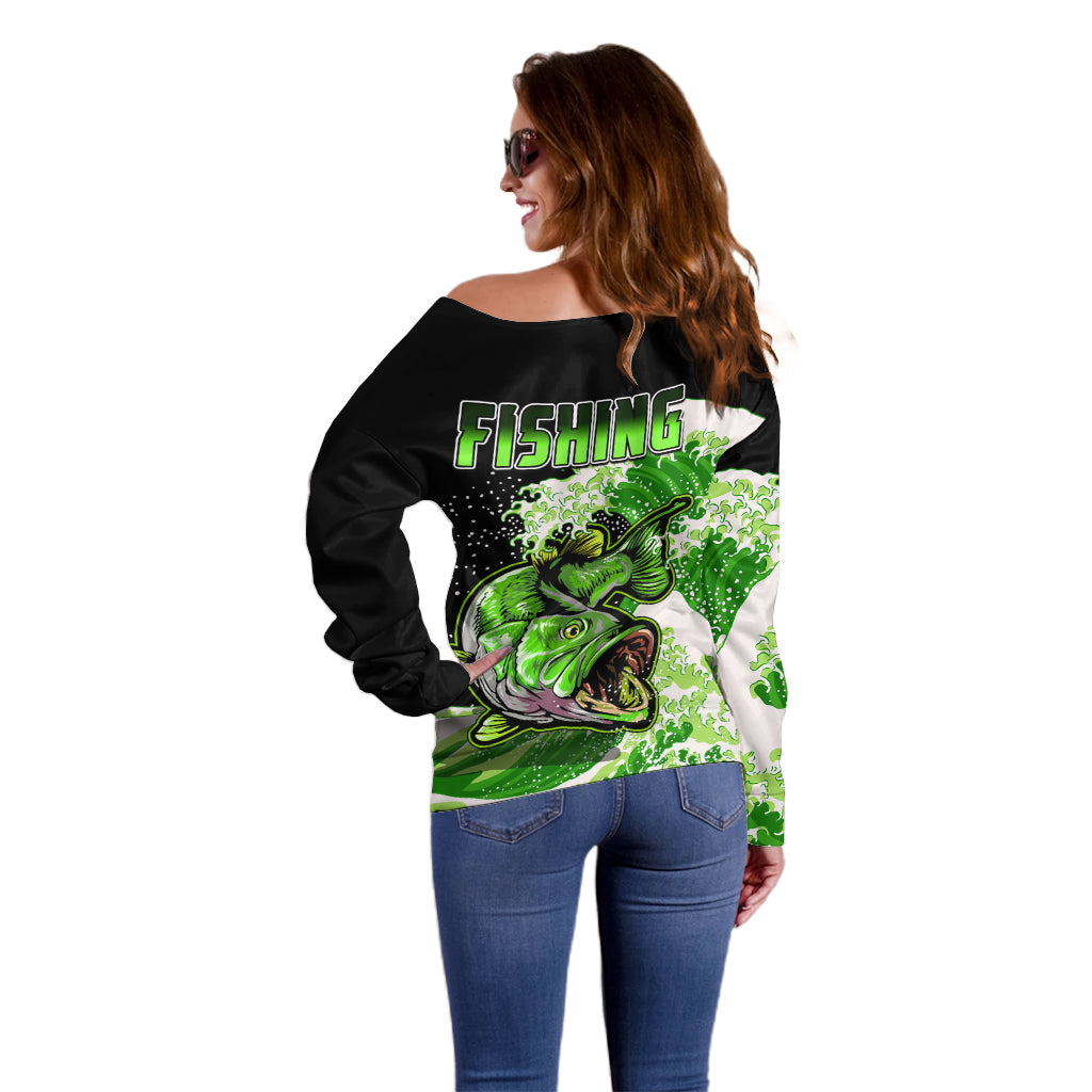 Largemouth Bass Fishing Green Off Shoulder Sweater - Wonder Print Shop